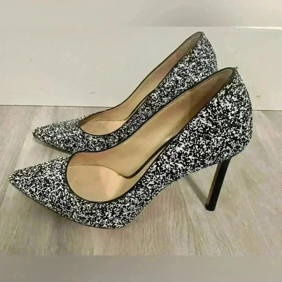 Jimmy Choo Monochrome Coarse Glitter Fabric Romy Pointed Toe Pumps Size 36 - Picture 1 of 12
